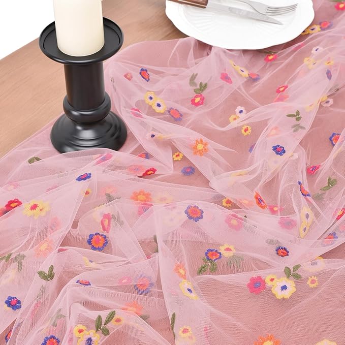 Joanlody 3pcs Blushing Pink Embroidery Daisy Table Runner Valentine’s Day Florals Seasonal Easter Tulle Table Runner Holiday Kitchen Dining Table Decoration for Home Party Indoor