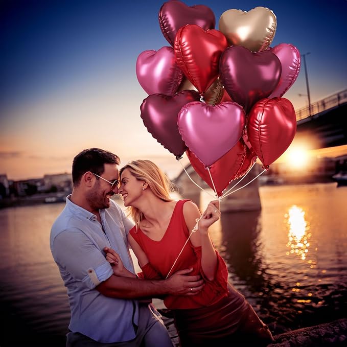 Wine Red Heart Balloons, 18 Inch 12 Pcs Burgundy Red and Pink Foil Heart Balloons Red and Rose Gold Heart Shape Foil Balloons Party Decoration for Birthday Wedding Valentines Anniversary