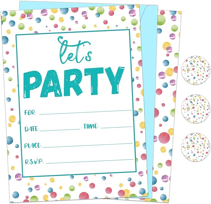 30 Pieces Confetti Birthday Invitations LET'S PARTY Watercolor Dot Invitation Set for Boys Girls Kids Birthday Invitations with Sticker Labels Envelopes Rainbow Polka Dot Party Supplies Decorations