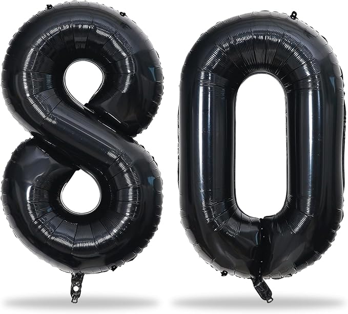 80th Birthday Balloons Black for Women, 40 Inch Giant Mylar Foil Number 80 Self Inflating, Digit 8 & 0 Helium Men Anniversary Party Decorations Supplies