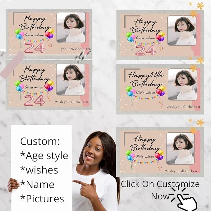 Custom Happy Birthday Vinyl Banner Sign, Personalized Party Backdrop, Gift, and Decoration - From NiceMemoryLLC (Pink Modern Happy Birthday Style 25)