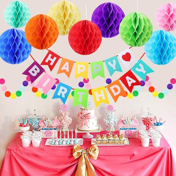 Happy Birthday Banner Decorations, Rainbow Birthday Decorations Set, Paper Flags with 9 Honeycomb Balls and Circle Dots Garland for Door Backdrop Wall Hanging Birthday Party Supplies