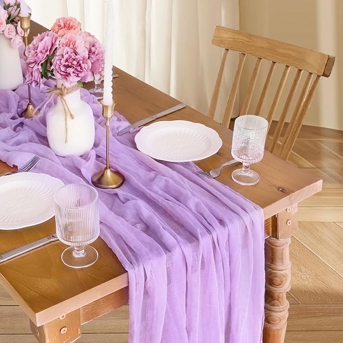Lilac Table Runner, 10FT Rustic Gauze Lavender Table Runner 35*120inch Boho Table Runners for Wedding Bridal Shower Baby Shower Table Centerpiece Decorations