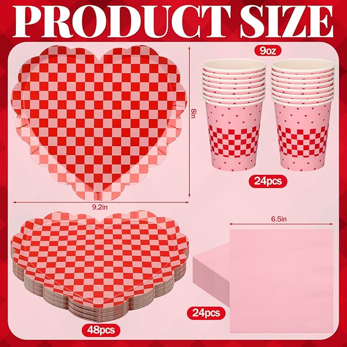 Zhehao 96 Pcs Valentine's Day Party Supplies Set for 24 Guests Red Checked Heart Plates 9 oz Cups Napkins for Valentine Romantic Dinners Wedding Anniversaries Celebrations