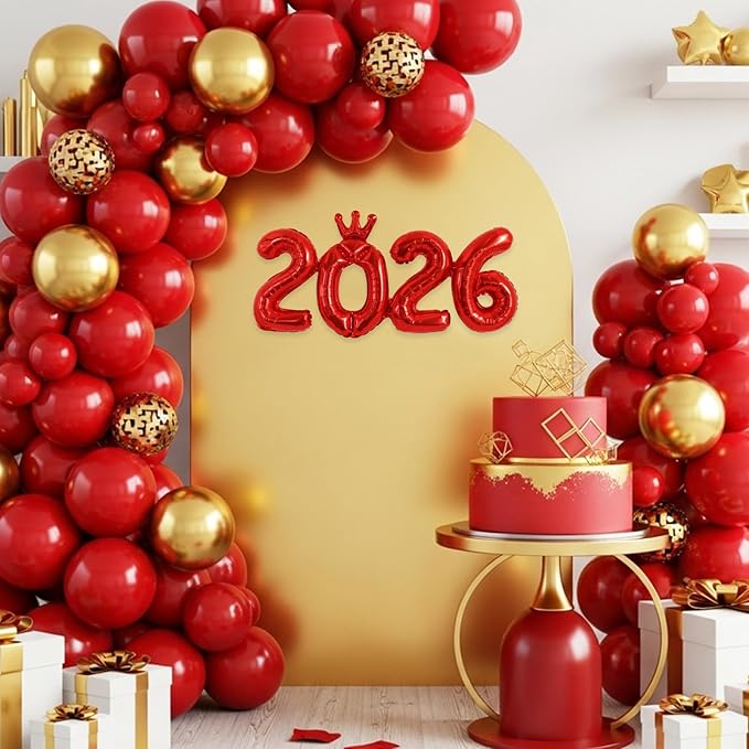 TONIFUL 2026 Red Crown Foil Number Balloons 16 Inch Red Number Banner 2026 Graduation Aluminum Foil Mylar Balloons for New Year Eve Christmas Anniversary Party Supplies
