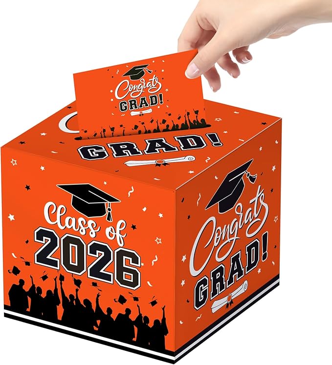 Graduation Card Box 2026 - Congrats Grad Card Boxes Holder, Orange Class of 2026 Graduation Gift Cards Box for Graduation Party Decorations 2026 Favors Decor Supplies Props, 9x 9 x 9 inches