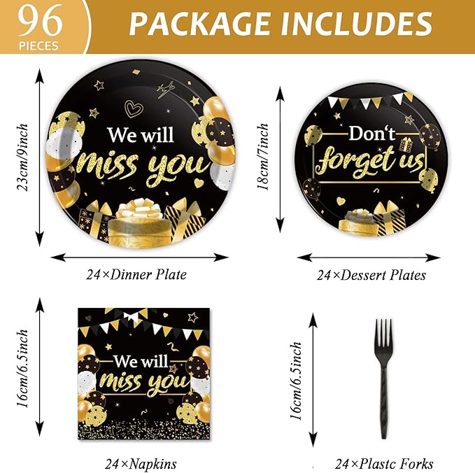 96pcs We Will Miss You Party Paper Plates Napkins Farewell Party Decoration Going Away Party Disposable Dinner Tableware Gold Black Goodbye Party Supplies Graduation Leaving Retirement Party 24 Guests