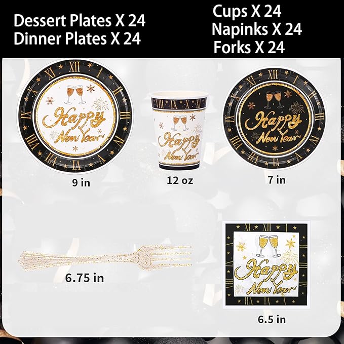 Atonofun Happy New Year Party Supplies, Party Plates, Cups, Napkins and Cutlery, New Year Party Decorations for New Years Eve Party Serves 24