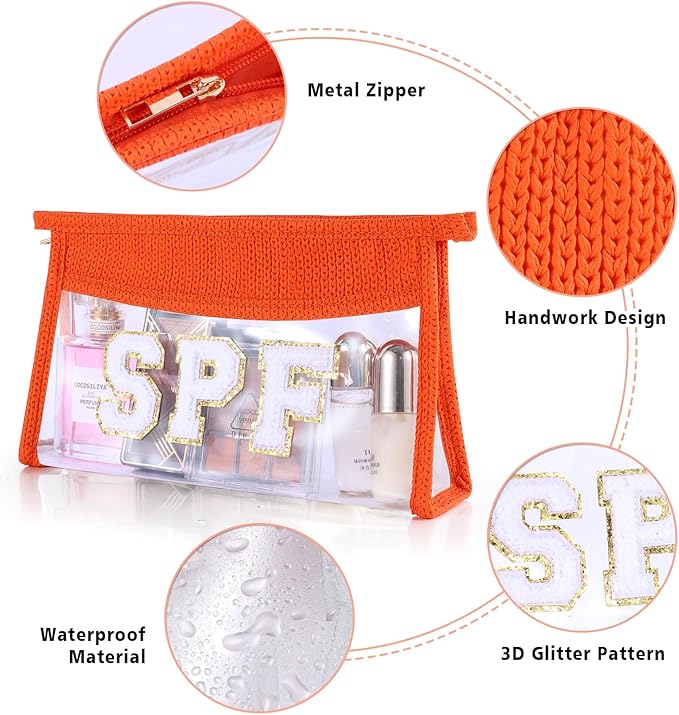 SPF Sunscreen Bag Clear Makeup Bag Chenille Letter SPF Cosmetic Zipper Pouch Summer Beach Essential Cute Toiletry Pouch Travel Accessories Gifts for Women