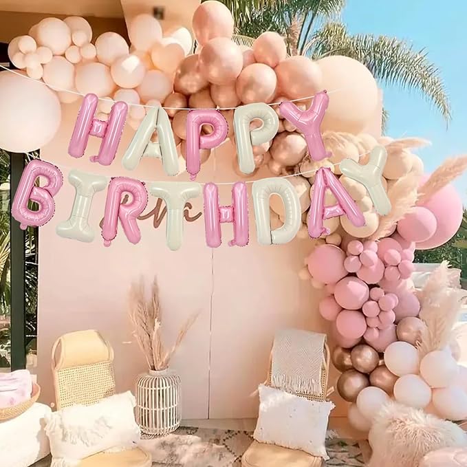 TONIFUL Happy Birthday Balloons with Ribbon Straw 16 Inch Mylar Letters Balloons Sign Banner Bunting Reusable for Girls Boys Kids & Adults Party Decorations Supplies（Cream White Pink）
