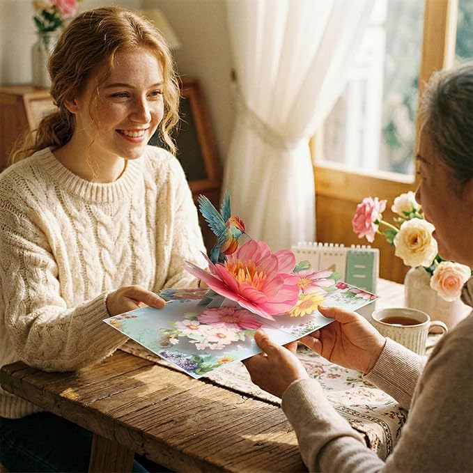 3D Hummingbird and Flower Pop Up Card, 3D Flower Greeting Pop-Up Card for Birthday, Anniversary, Thank You, Mother’s Day, Thinking of You, Nature Lovers Gift for Women and Mom