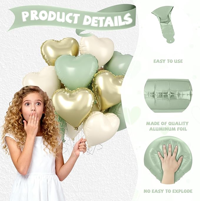 Sage Green Gold Heart Balloons, 10 Pcs Light Gold Cream Heart Shaped Balloon, 18 Inch Olive Green Sand White Foil Balloons for Jungle Safari Brithday Baby Shower Wedding Valentines Party Decoration