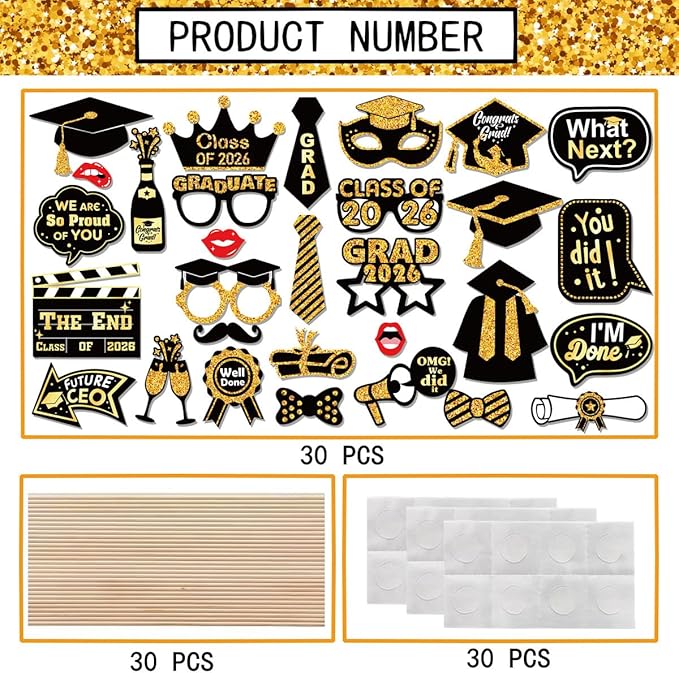 30 Pcs Graduation Photo Booth Props 2026,Grad Party Supplies for College, Graduation Deco Class Favors Supplies, Party Decorations Set Picture Props