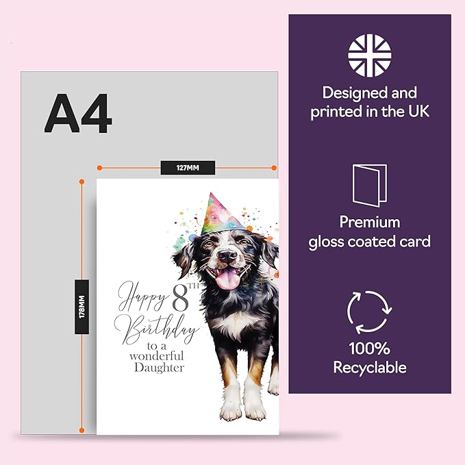 8th Birthday Cards for Daughter - Party Dog - Happy Birthday Card for 8 Year Old Daughter from Dad Mom, A5 Bday Girls Girl Kids Greeting Cards Gift for Daughter Birthday Gifts