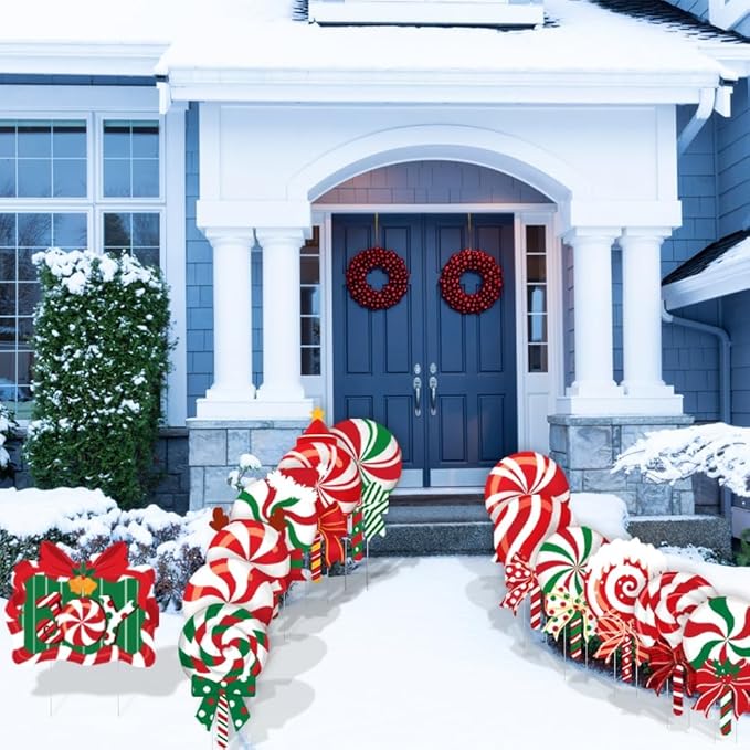 JOICEE 13pcs Christmas Outdoor Yard Signs Candy Decorations with LED Lights, Peppermint Lollipop Candy Signs with Stakes for Holiday Party Home Lawn Pathway Decorations Supplies