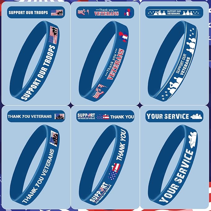 JUNEBRUSHS 42pcs Veterans Silicone Wristband Bulk, American Flag Inspirational Rubber Bracelets for Veteran Memorial Day Inspirational Favor Charity Campaign Supplies