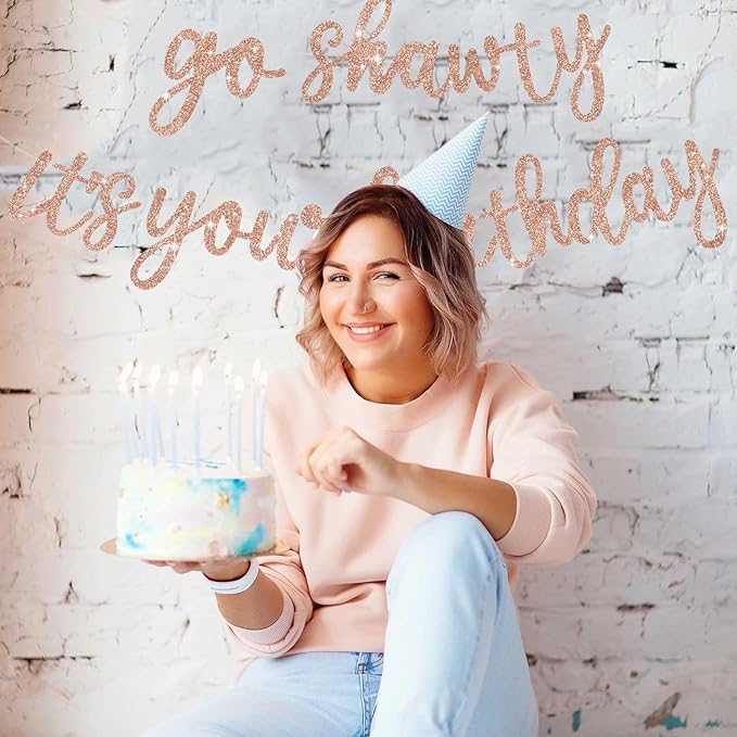 BEISHIDA Rose Gold Go Shawty It's Your Birthday Banner - NO DIY - Hip Hop Theme Glitter Happy Birthday Banner - Pre-Strung - Rose Gold Rap Theme Happy Birthday Sign for Man Women birthday Party Supply