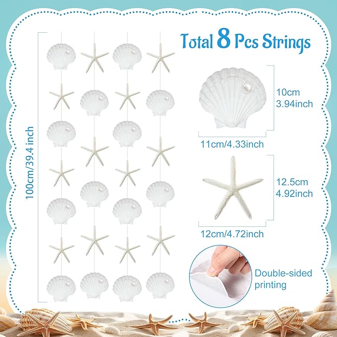Xinnun Coastal Party Decorations White Finger Starfish and Seashell Garland Ocean Nautical Theme Cutouts Ribbon Streamers for Under The Sea Beach Mermaid Birthday Beach Wedding Decor