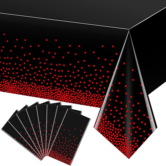8 Pack Red and Black Dot Plastic Tablecloth, Red Stamping Dot Confetti Rectangle Plastic Disposable Table Cover for Birthday Wedding Baby Shower Engagement Anniversary Party Decorations, 54 x 108 Inch