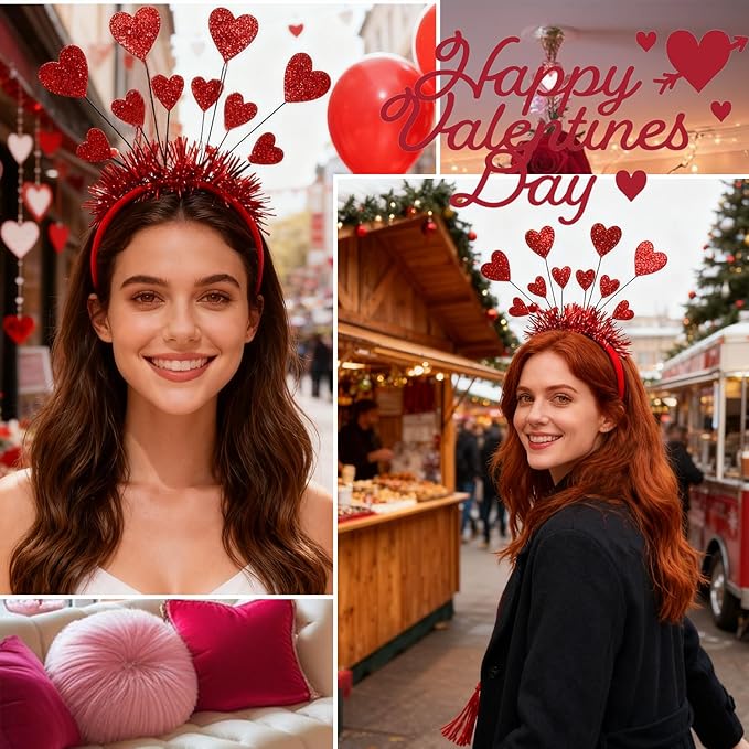 Valentines Headband with Red Heart Designs Sequin Heart Hair Accessories Romantic Valentines Headbands Shiny Red Tassel Head Bopper for Women Holiday Party Head Wear Accessories Gift 1pcs