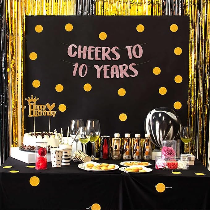 Pre-Strung Cheers to 10 Years Rose Gold Glitter Banner - 10th Birthday and Anniversary Decorations for Boys and Girls - Party Supplies and Gifts