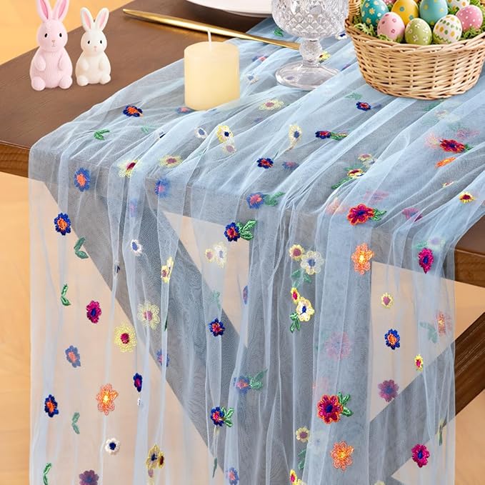 Socomi Embroidery Daisy Spring Easter Floral Wildflower Tulle Gauze CheeseclothTable Runners for Wedding Party Baby Shower Birthday Holiday Picnic Home Decor Blue 3pcs