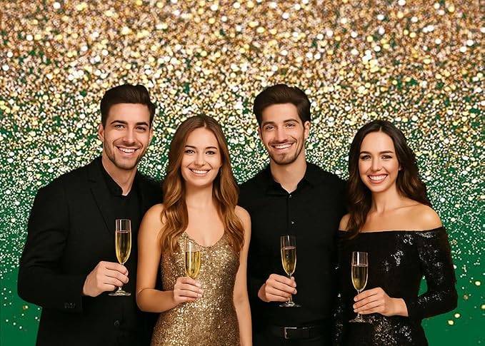 Gold Glitter Green Backdrop 7x5ft – Sparkling Green and Gold Photography Background for Birthday Party, Christmas, Anniversary, Wedding Holiday Decorations Photo Booth Props
