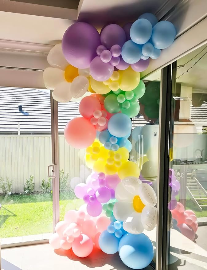 Daisy Balloon Arch Garland Kit - 131 Pcs Pastel Rainbow balloon arch kit with Daisy Balloons, for Birthday Party, Baby Shower, Flower Themed Party Decorations