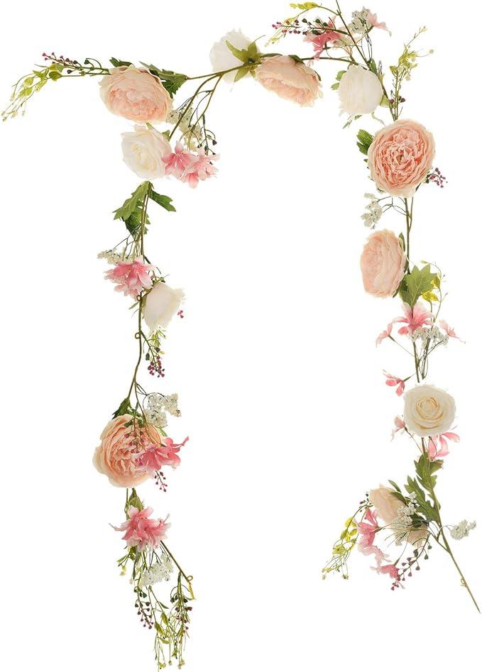 Lvydec Artificial Peony Flower Garland - 6ft Silk Peony Garland with Champagne and White Flowers for Wedding Party Table Decoration