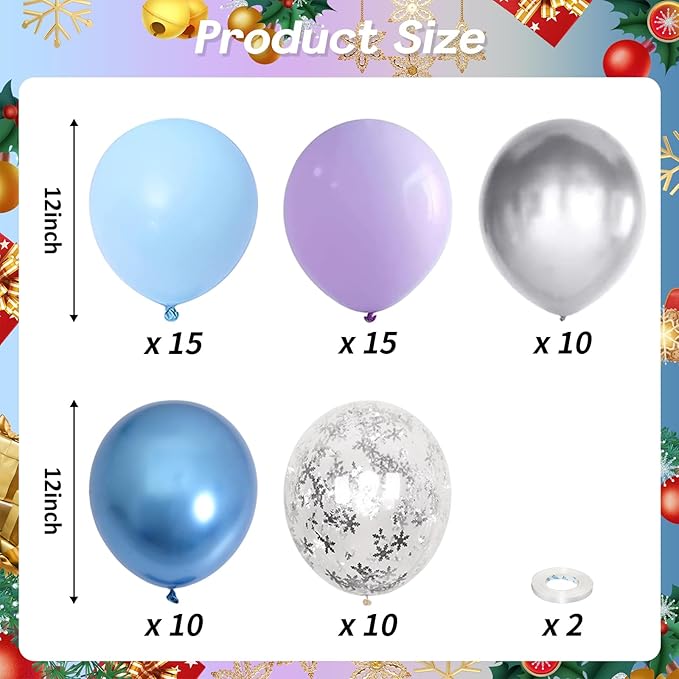 Winter Wonderland Balloons, 60PCS Light Baby Purple Blue Balloons, Metallic Blue Silver Snowflakes Confetti Balloon for Princess Ice Snow Wonderland Baby Shower Christmas Birthday Party Decorations