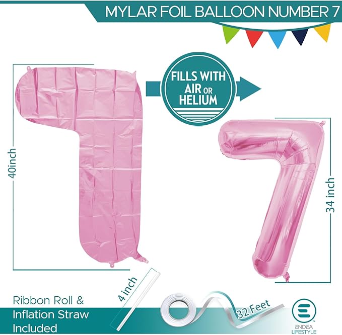 40 Inch Large Pink Number Celebration and Decoration Balloon for Birthday Parties, Graduations, Anniversaries, Weddings, Photo Shoots, Special Events - Helium Foil Mylar (Pink Number 7)