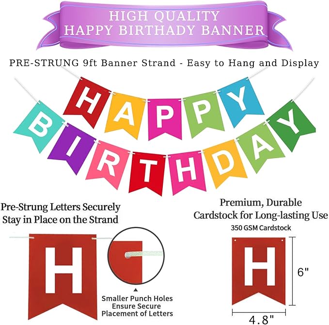 Rainbow Birthday Decorations, Colorful Happy Birthday Banner, happy birthday decorations for Girls Women Party Decorations