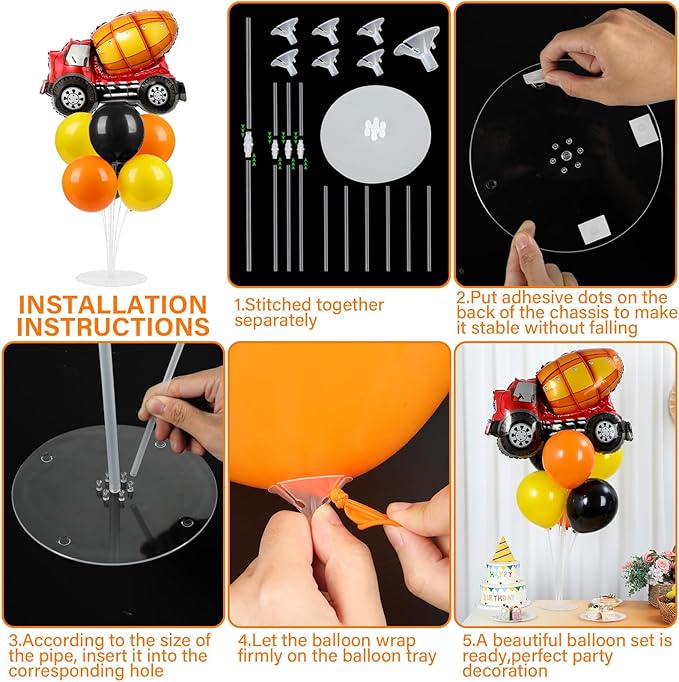 Construction Party Balloons Stand Kit 2 Sets with 2 Construction Truck Foil Balloons Black Orange Yellow Party Balloon Centerpiece for Tables for Boy Girl Excavator Birthday Baby Shower Parties Decor
