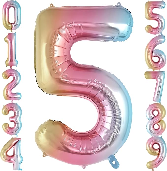 Rainbow Gradient Number 5 Balloon, 40 Inch Big Large Foil Number Balloons, Jumbo Mylar Number 5 Balloons for 5 Year Old Birthday Party Decorations Supplies Anniversary Celebration