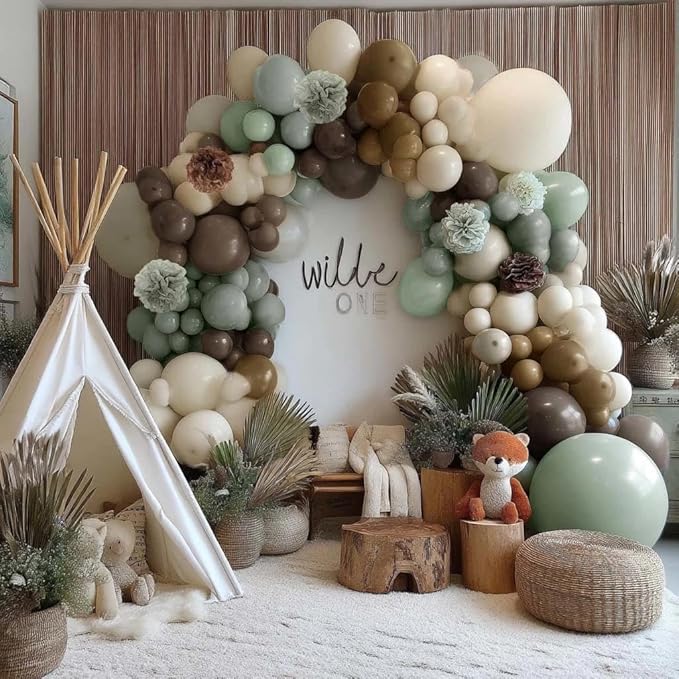 Dusty Green Nude Balloon Arch Double Stuffed Sage Green Brown Beige White Sand Balloon Garland Kit Tissue Paper Pom for Neutral Baby Shower Birthday Woodland Wedding Wild One Party Decor