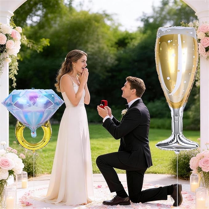 Diamond Ring Balloons Champagne Wine Glass Foil Balloons for Engagement Bachelorette Bridal Shower Wedding Proposal Marriage Anniversary Just Engaged Married She Said Yes Celebration Party Decorations