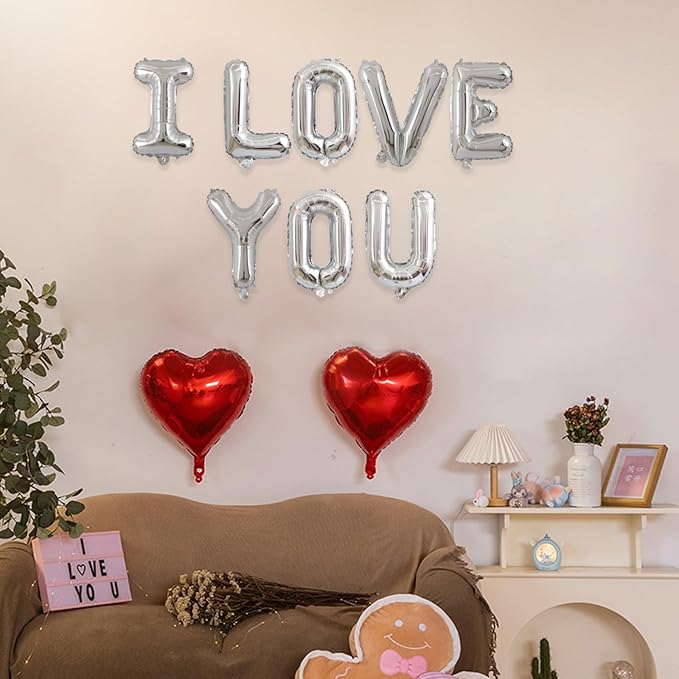2 Set 16Pcs Silver I LOVE YOU Letter Balloons 16in Balloon Foil Letter Decorations Party Decor Silver Letter Balloons I LOVE YOU Party Supplies