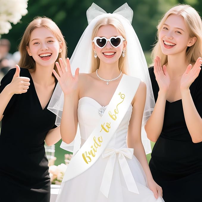 Gold Bride to Be Sash & White Hair Bow Veil for Bachelorette Party, 2Pcs Bridal Veil and Sash Set for Women and Girls,Bach Party Favors Accessories for Wedding Bridal Showers Engagement Party Supplies