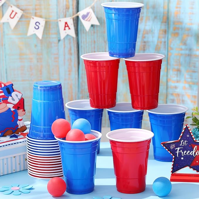 32 Pieces Veterans Day Party Supplies 24 Pcs Red Blue 16 oz Plastic Cup and 8 Pcs Ball Set for Party Game Independence Day Decorations