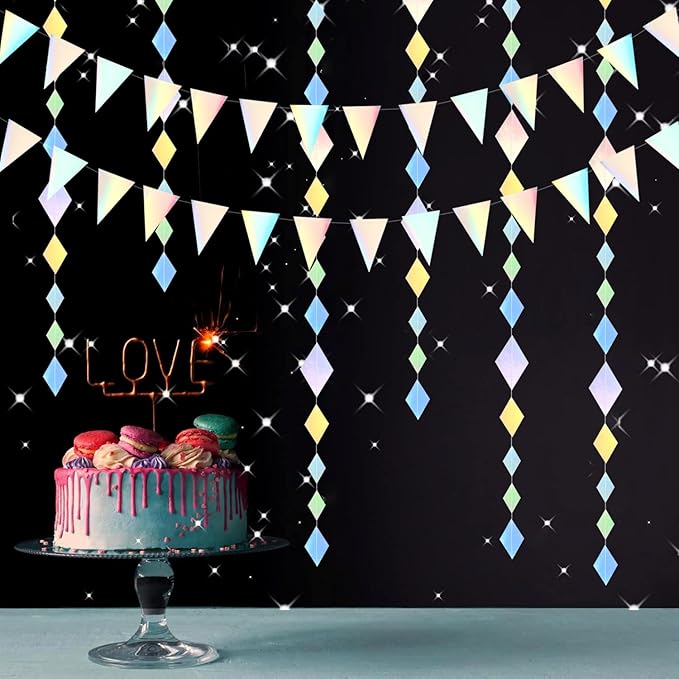 Iridescent Disco-Holographic Party Decorations Banner - 2pcs Wedding Baby Bridal Shower Hanging Paper Pennant Flags Streamers, Birthday Bachelorette Engagement Neon Decor Lasting Surprise