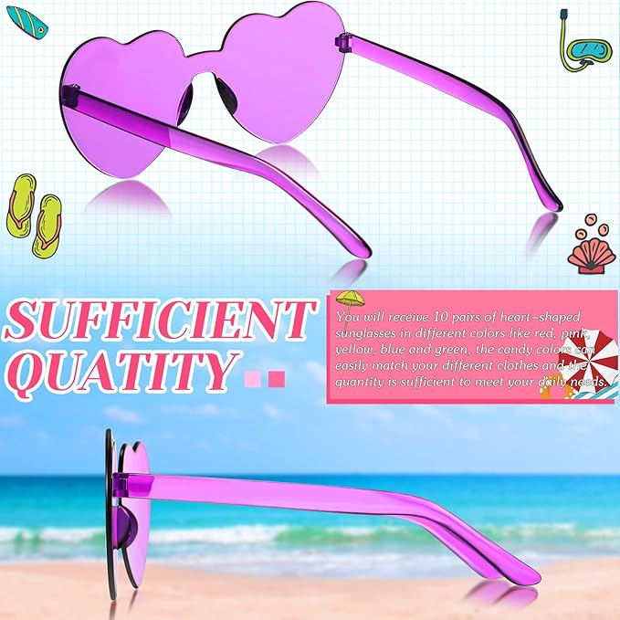 TOODOO 10 Pairs Heart Shaped Sunglasses Rainbow Sunglasses Candy Color Rimless Glasses for Women Girl Party Favor