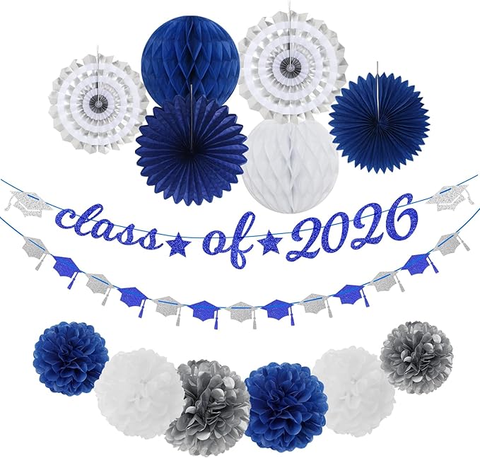 Navy-Blue White-Silver Party-Decoration Graduation Banner - 14pcs Kits Cap Garland Streamers, Royal Paper Tissue Pom Poms Flowers Fans Honeycomb,Class Of 2026 College High School Grad Decor Hugfond