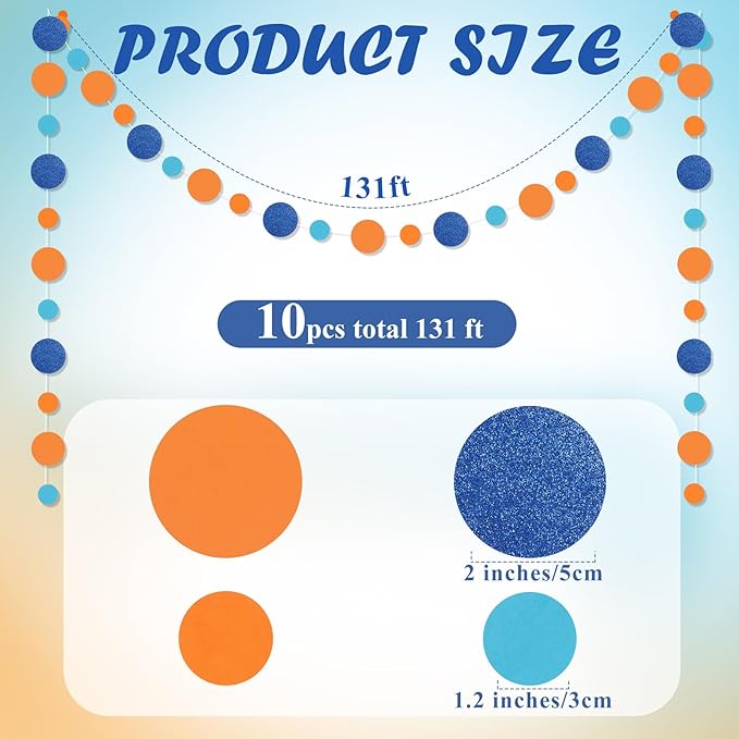 Outus 10 Pieces Orange,Blue Round Dots Garland Easter Graduation Party Hanging Decor Each Length 13.1ft Glitter Paper Dot Streamers for Birthday Wedding Classroom