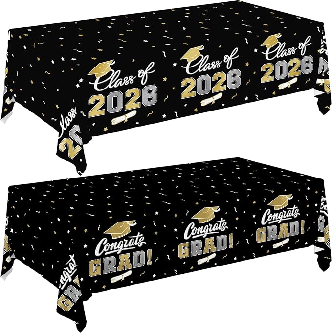 Gatherfun 2026 Graduation Decorations : 2-Pack Congrats Grad Disposable Tablecovers - Class of 2026 Black and Gold Themed Table Cloths, for Graduation Party Supplies & Graduation Backdrop, 54" X 108"