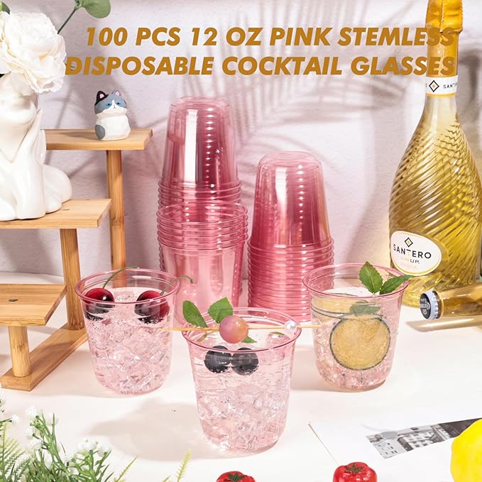 KesaPlan 100 Pcs Pink Plastic Cups, 12oz Disposable Stemless Wine Glasses for Cocktail Cute Clear Cocktail Wine Glasses Pink Party Cups for Valentine's Galentine's Day Wedding Christmas Party