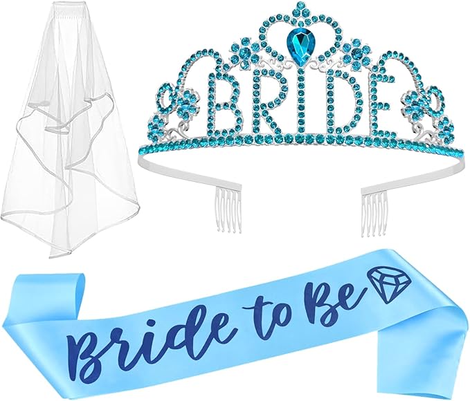 JETKONG 3 Pcs Bachelorette Party Decorations BRIDE Crown, Bride to Be Sash&Veil for Women Bachelorette Party Gifts, Bridal Shower Supplies, Gifts, Favors (Light Blue)