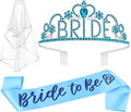 JETKONG 3 Pcs Bachelorette Party Decorations BRIDE Crown, Bride to Be Sash&Veil for Women Bachelorette Party Gifts, Bridal Shower Supplies, Gifts, Favors (Light Blue)