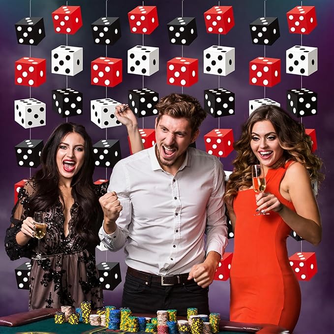 Xinnun Casino Dice Party Decorations Red Black White Dice Hanging Banners Garland Night Las Vegas Theme Cutouts Ribbon Streamers for Vegas Casino Prom Birthday Homies Party Games Decor Supplies