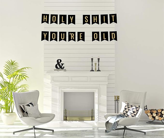 Andaz Press Faux Gold Glitter on Black Birthday Party Banner Decorations, Holy Shit You're Old, Approx 5-Feet, 1-Set, Birthday Milestone Colored Hanging Pennant Decor