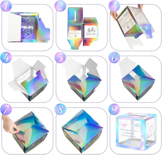 Funrous 51 Diaper Raffle Tickets with Box for Baby Shower Game Invitations Diaper Raffle Card for Gender Reveal Baby Shower Party Decoration Table Centerpiece(Clear Laser Silver)
